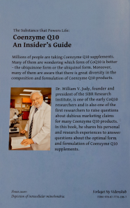 Back cover of Dr. William Judy's book The Insider's Guide to Coenzyme Q10.