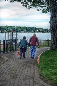 Elderly couple walking